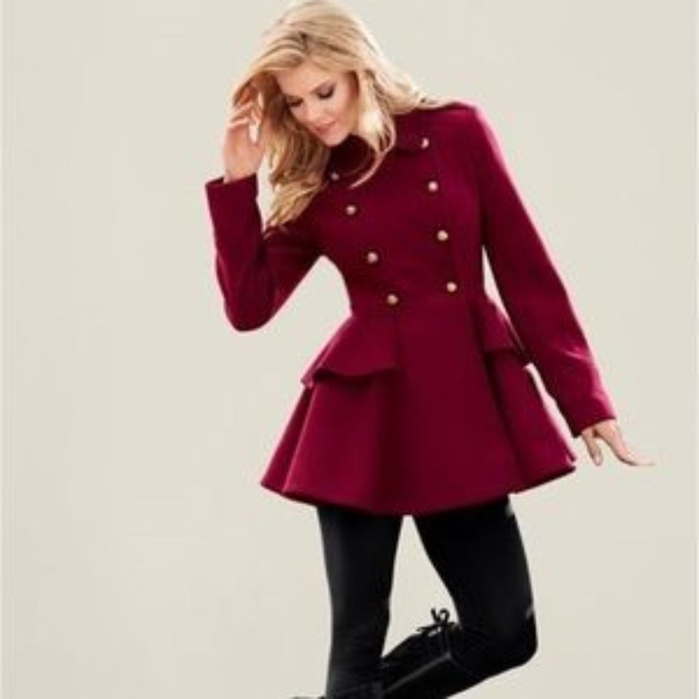 Venus Wine Burgundy Peplum Coat